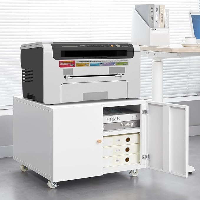 17.70" Metal Office Copier 2 Door and 360 ° Universal Wheel,Mobile Lateral Filing Cabinets w/Aluminum Alloy Handle,Rolling Printer Stand for Legal/Letter/A4,White