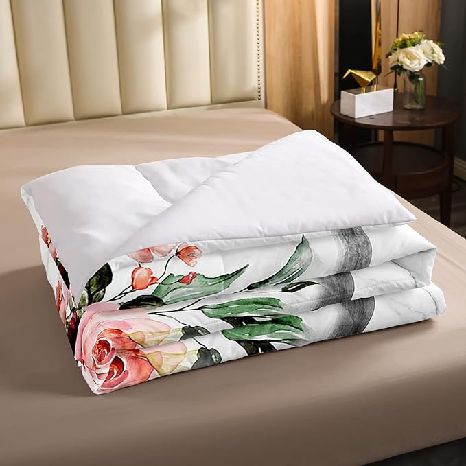Erosebridal Highland Cow Flower Comforter Set Queen Size Bull Cattle Bedding Set Western Funny Animal Bedding Set Wildlife Farmhouse Cow Quilt Set Rose Grey Marble Comforter Set