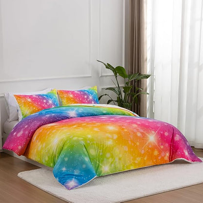 Holawakaka Girls Ombre Glitter Comforter Set, Twin Size Gradient Rainbow Galaxy Print Kids Bedding Sets, Multi-Color Ultra-Soft Dorm Bed Set (Multi-color,Twin)