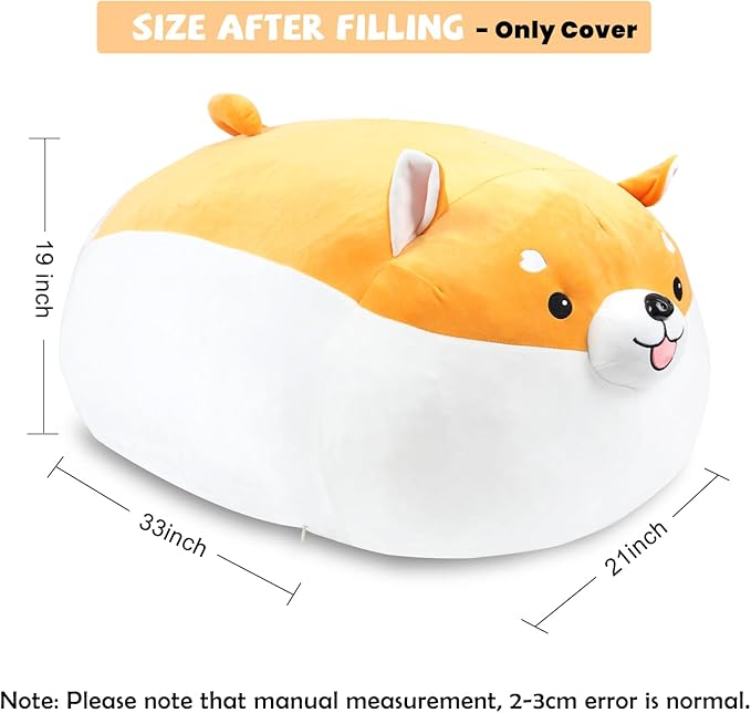 Stuffed Animal Storage Bean Bag Chair Cover for kids Cute Shiba Inu Yellow Dog Large Beanbag Plush Toy Bedroom Décor Organizer Cover, No Beans