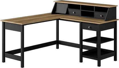 Bush Furniture Mayfield 60W L Shaped Computer Desk with Storage and Desktop Organizer in Vintage Black and Reclaimed Pine | Storage for Home Office Workspace