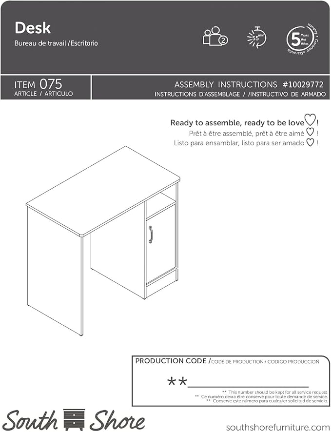 South Shore Small Computer Desk with Door, Pure Black