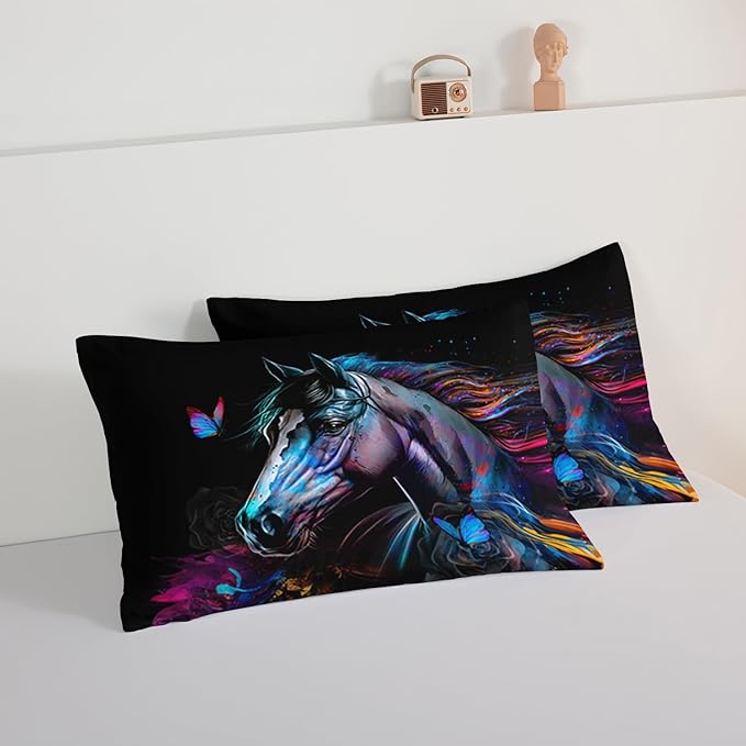 HOSIMA 3 Pieces Art Horse Comforter with 2 Pillowcases,Wildlife Horse Butterfly Black Queen Comforter Set Boys Teens Aesthetic Room Decor,Animal Bedding Queen Size Bed in a Bag Sets for adults.