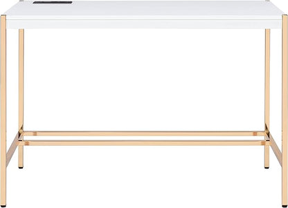 Acme Midriaks Wooden Top Writing Desk with USB Port in White and Gold