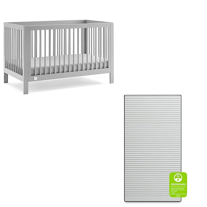 babyGap by Delta Children Charlie 6-in-1 Convertible Crib TrueSleep Crib and Toddler Mattress (Bundle), Grey