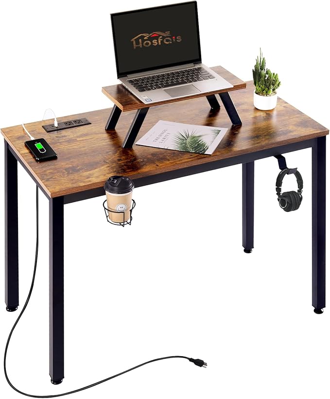 Computer Desk with Power Strip and Monitor Stand, 40" Desk for Home Office Small Space, Small Writing Desk Study Table Workstation with Cup Holder Headphone Hook, Easy Assembly