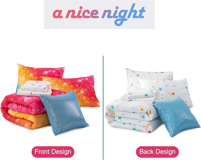 A Nice Night Gradient Glitter 6Pcs Bed in A Bag Bedding Set for Girls Twin Size, Colorful Rainbow Galaxy Comforter Set, Ultra Soft Bedding Sets, YellowBlue