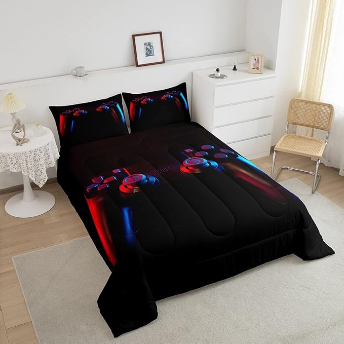 Gamer Comforter Set for Boys Girls Man Gaming Bedding Set,Black Gamepad Home Decor Player Video Game Duvet Insert Teens Kids 3 Pieces 1 Down Comforter with 2 Pieces Pillowcases(Full Size,All Season)