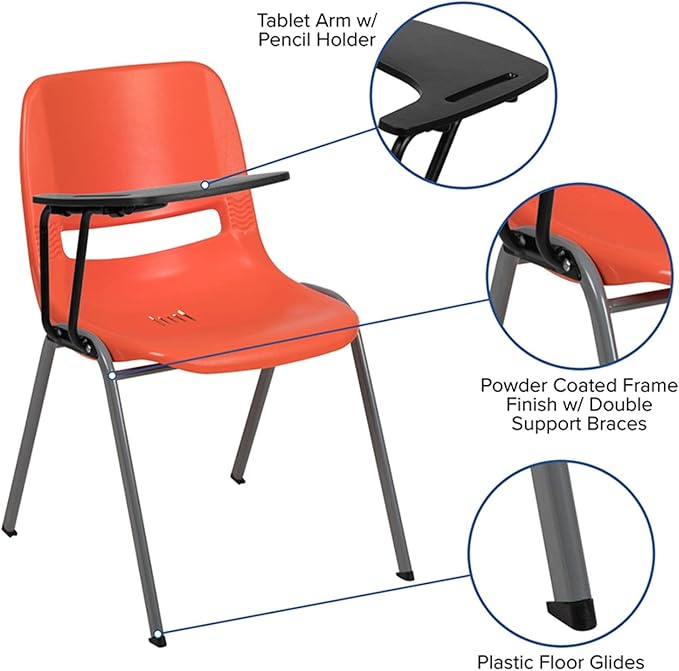 Flash Furniture HERCULES Orange Ergonomic Shell Chair with Right Handed Flip-Up Tablet Arm