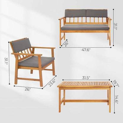 VINGLI Outdoor Patio Furniture, 4 Piece Acacia Wood Sofa Set w/Coffee Table, Patio Table and Chairs Set for Deck, Balcony, Backyard (Natural)