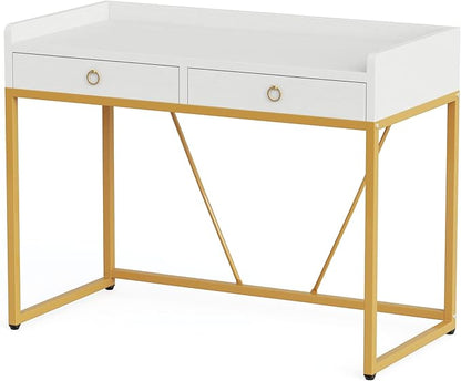 Tribesigns White Gold Computer Desk with 2 Drawers, Modern Desk 41.3 inch Simple Study Writing Desks with Storage, White Gold Makeup Vanity Desk for Home Office Bedroom Console Table