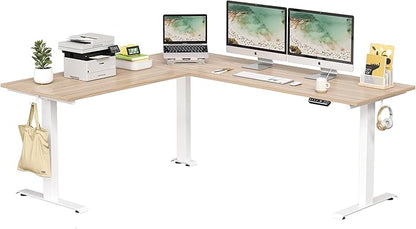 FEZIBO 75 Inches Triple Motor L Shaped Standing Desk Reversible, Electric Height Adjustable Corner Stand up Desk, Sit Stand Desk Computer Workstation, White Frame/Light Walnut Top