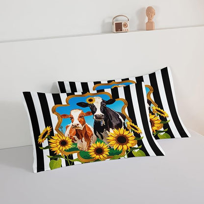 HOSIMA Animal Theme Bedding Set Bull and Cow Comforter with 2 Pillowcases,Black and White Stripes Full Size Comforter Set for Adults Teens Kids,Sunflower Print Western Bedding Sets.