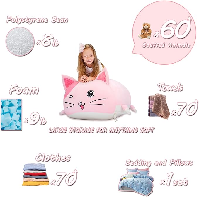 Cute Cat Bean Bag Chair for Kids, Pink Stuffed Animal Storage Beanbag Chairs for Girls Room Decor, Extra Large Size, Velvet Super Soft Cover Only