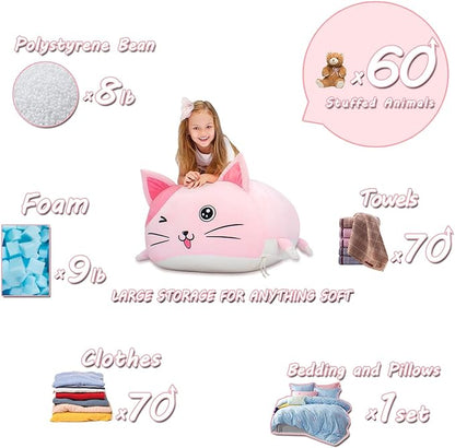 Cute Cat Bean Bag Chair for Kids, Pink Stuffed Animal Storage Beanbag Chairs for Girls Room Decor, Extra Large Size, Velvet Super Soft Cover Only