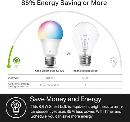 New Kasa Smart Bulb, Full Color Changing Dimmable Smart WiFi Light Bulb Compatible with Alexa and Google Home, A19, 9W 800 Lumens,2.4Ghz only, No Hub Required, 1-Pack (KL125), Multicolor