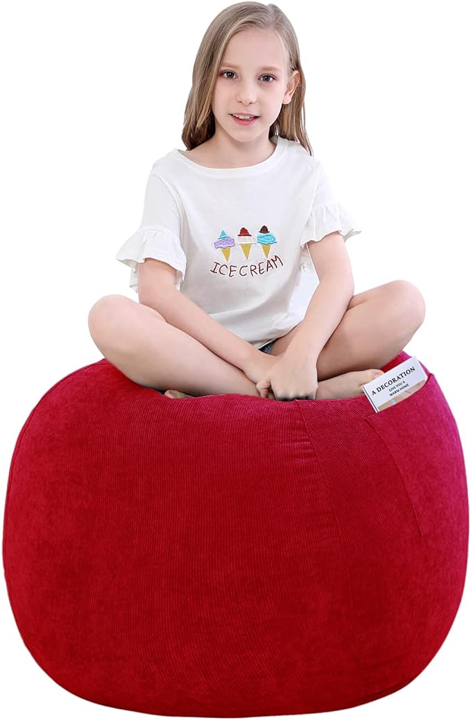 Stuffed Animal Storage Bean Bag Chair Cover (No Filler) for Kids and Adults.Soft Premium Corduroy Stuffable Beanbag for Organizing Children Plush Toys or Memory Foam Small 100L (Red)