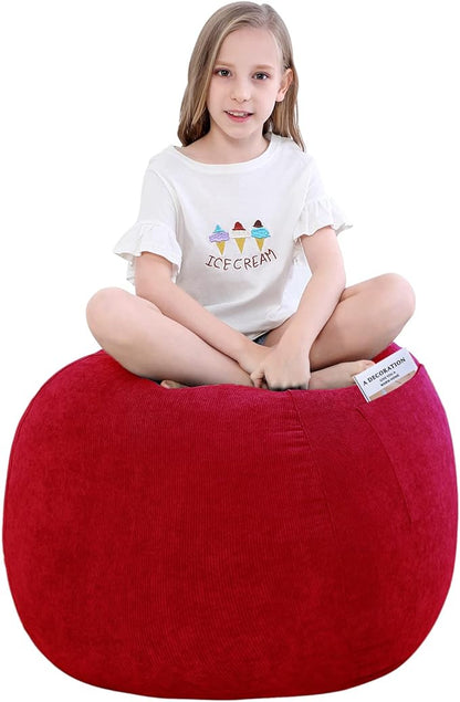 Stuffed Animal Storage Bean Bag Chair Cover (No Filler) for Kids and Adults.Soft Premium Corduroy Stuffable Beanbag for Organizing Children Plush Toys or Memory Foam Small 100L (Red)