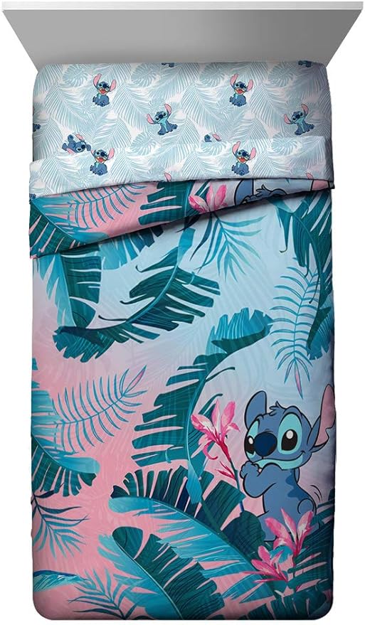 Jay Franco Disney Lilo & Stitch Floral Fun Twin Comforter & Sham Set - Super Soft Kids Reversible Bedding - Fade Resistant Microfiber (Official Disney Product)