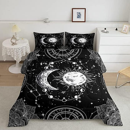 Sun and Moon Bedding Set Constellation Galaxy Comforter Set for Kids Boys Girls Teens Psychedelic Boho Mandala Comforter Breathable Celestial Duvet Set Black White Room Decor Quilt Cover King Size