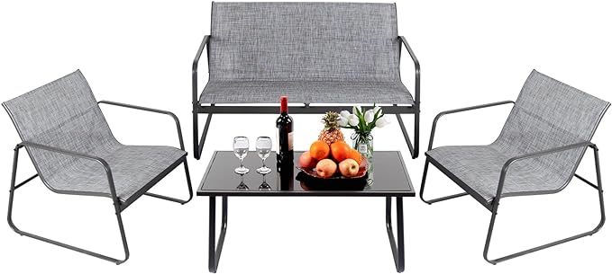 4 Piece Patio Outdoor Furniture Set with Strong Powder Coated Metal Frame One Love Seat, Two Single Chairs and one Table for Porch, Balcony, Backyad, Patio Conversation Set (Grey)