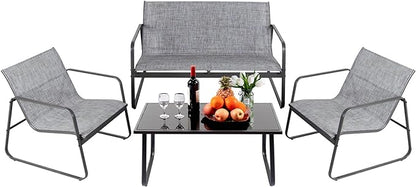 4 Piece Patio Outdoor Furniture Set with Strong Powder Coated Metal Frame One Love Seat, Two Single Chairs and one Table for Porch, Balcony, Backyad, Patio Conversation Set (Grey)