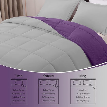 Basic Beyond Twin Comforter Set for Girls and Boys - Fluffy Twin Bed Comforter Set for All Seasons - Reversible Kids Twin Comforter Set - 2 Pieces (1 Comforter + 1 Pillow Sham) - Purple/Grey