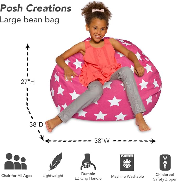 Posh Creations Bean Bag Chair for Kids, Teens, and Adults Includes Removable and Machine Washable Cover, 38in - Large, Canvas White Stars on Pink