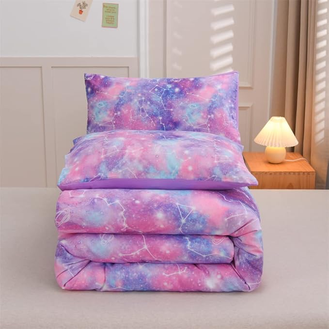 Holawakaka Tie Dye Galaxy Constellation Print Ombre Comforter Set Twin/Twin XL Size Girls Gradient Space Stars Dorm Bedding Set (Purple,Twin)