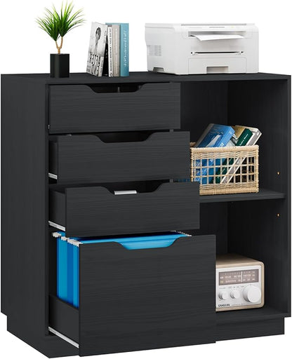 4 Drawers Lateral File Cabinet, Wood Filing Cabinet, Printer Stand with Open Storage Shelves for Home Office, 6 Compartments, Black