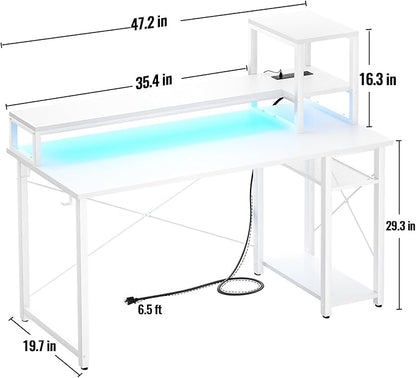 Gaming Desk with Lights & Power Outlets, 47.2' Computer Desk with Shelves, Small Desk for Small Space, Writing Desk with Monitor Stand, White