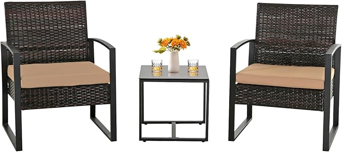 3 Pieces Patio Furniture Set, Outdoor Patio Set, Patio Bistro Set, All-Weather Wicker Conversation Set with Cushions Table for Porch Backyard (Brown-Brown)