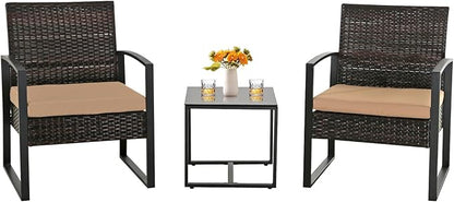 3 Pieces Patio Furniture Set, Outdoor Patio Set, Patio Bistro Set, All-Weather Wicker Conversation Set with Cushions Table for Porch Backyard (Brown-Brown)