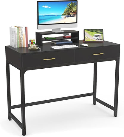 WESTREE Computer Gaming Desk Office - Study Writing Desk with Drawer for Teen, Bedroom Makeup Desk Home Office with Storage Shelf, Height Monitor Stand