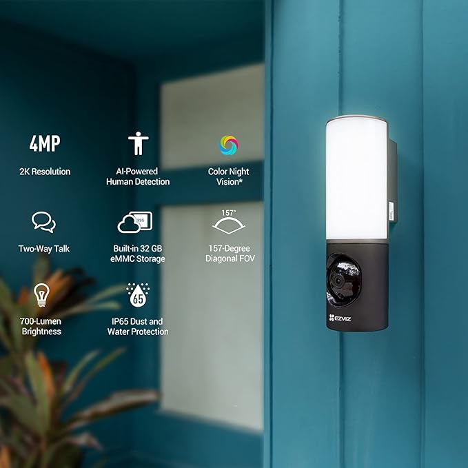 EZVIZ 2K+ Smart Outdoor Security Camera with Floodlight, Built-in 32G Storage, Colour Night Vision, Siren & Light Alarm, AI Human Detection, Two-Way Talk, Waterproof, Hardwired Installation (LC3)