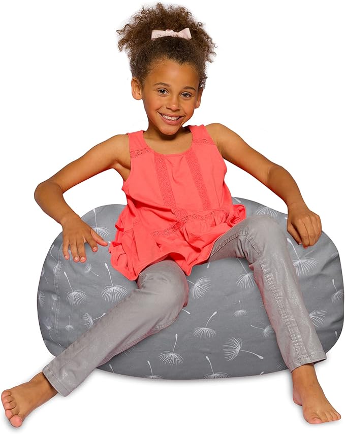 Posh Creations Bean Bag Chair for Kids, Teens, and Adults Includes Removable and Machine Washable Cover, Canvas White Dandelions on Gray, 27in - Medium
