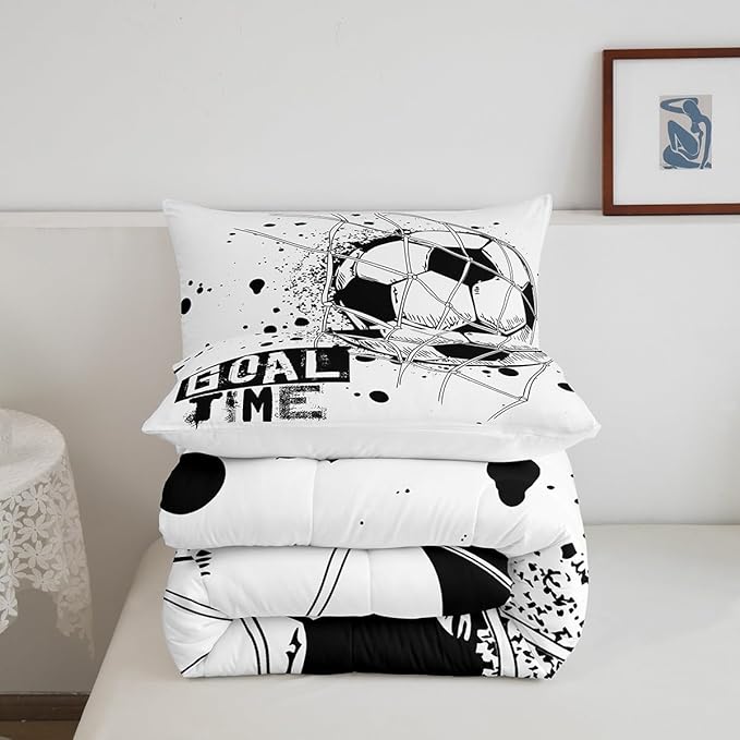 Erosebridal Kids Football Comforter Set Queen Size American Soccer Bedding Set Sports Games Duvet Sets for Boys Girls Children Teens Geometric Polygon Down Comforter for Bedroom, Black White
