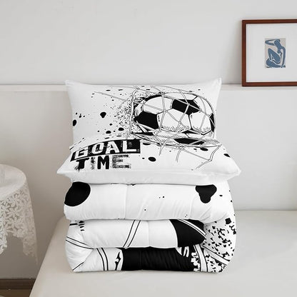 Erosebridal Kids Football Comforter Set Queen Size American Soccer Bedding Set Sports Games Duvet Sets for Boys Girls Children Teens Geometric Polygon Down Comforter for Bedroom, Black White