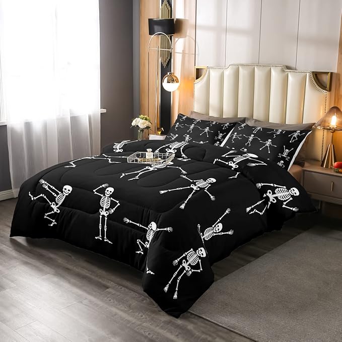 Erosebridal Sugar Skull Comforter Set King Size Skeleton Bones Bedding Set for Kids Boys Girls Teens Adult Halloween Horror Theme Down Comforter Gothic Spooky Duvet Sets with 2 Pillow Cases