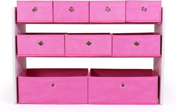 Humble Crew Kids Toy Organizer with 9 Collapsible Fabric Storage, White Wood and Pink Bins