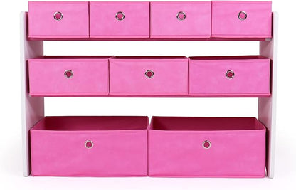 Humble Crew Kids Toy Organizer with 9 Collapsible Fabric Storage, White Wood and Pink Bins