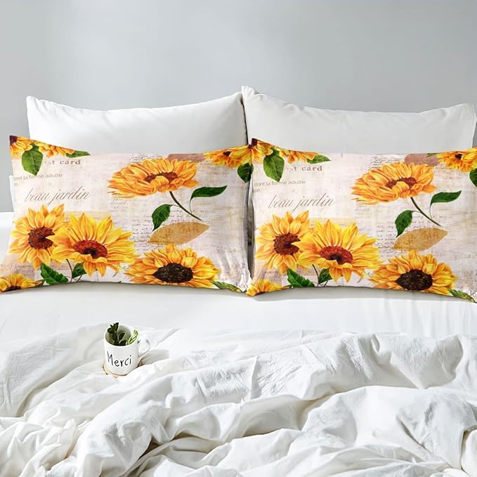 Erosebridal Women Retro Floral Bedding King Size Yellow Sunflowers Comforter Set for Girls Female Rustic 3D Flowers Duvet Insert Ultra Soft Lightweight Quilted Comforter with 2 Pillowcases