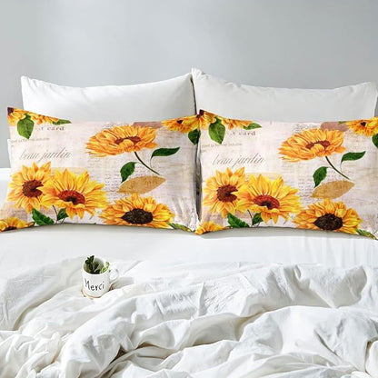 Vintage Sunflowers Comforter Full Size Yellow Floral Bedding Sets Girls Child Youth Tropical Sunflower Print Down Comforter Old Fashioned Quilt Flower Blossoms Bedding Comforter Set Nature Theme