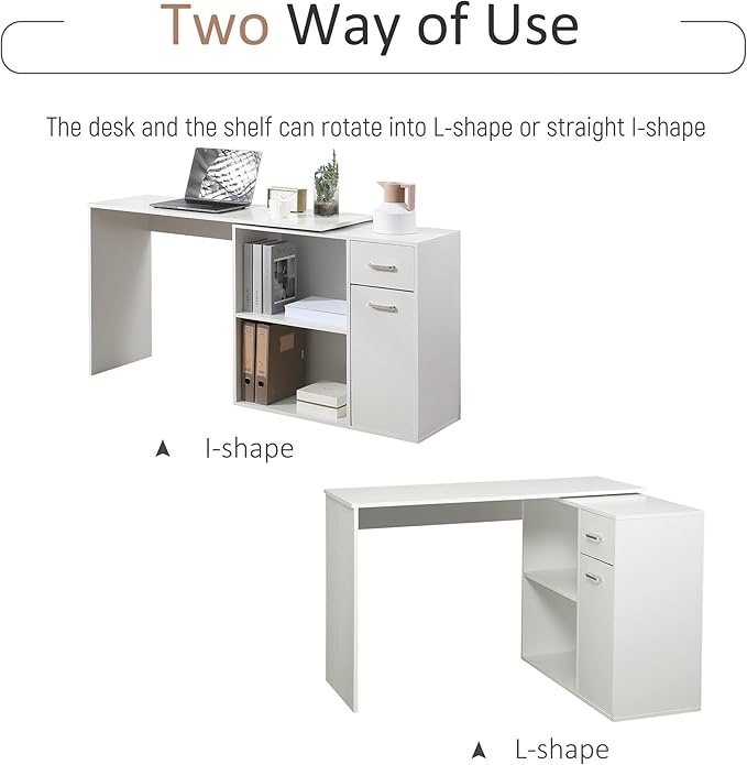 HOMCOM L Shaped Computer Desk, 180° Rotating Corner Desk with Storage Shelves, Drawer and Cabinet, Study Workstation for Home Office, White