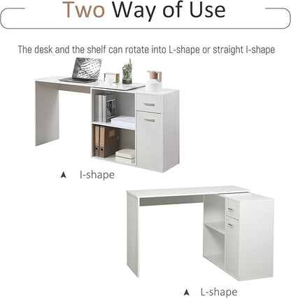 HOMCOM L Shaped Computer Desk, 180° Rotating Corner Desk with Storage Shelves, Drawer and Cabinet, Study Workstation for Home Office, White
