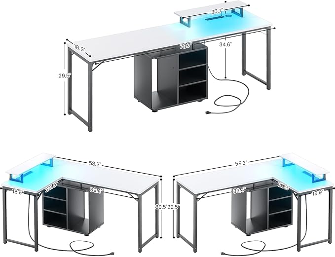 Cyclysio L Shaped Gaming Desk with Wood Cabinet, 58" Large Corner Desk with LED Lights & Power Outlet, Reversible Computer Desk with Monitor Stand, Home Office Desk 2 Person Corner Desk, White Black