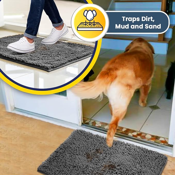 Muddy Mat® Shown on TV – Super Absorbent Microfiber Dog Door Mat for Muddy Paws, Non-Slip Washable Pet Rug, Quick Dry Chenille Entryway Carpet, Machine Washable Indoor Outdoor mat, Grey 35"x24"
