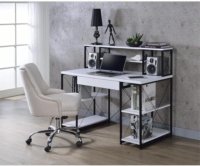 Acme Amiel Wooden 1-Drawer Writing Desk with Small Hutch in White and Black
