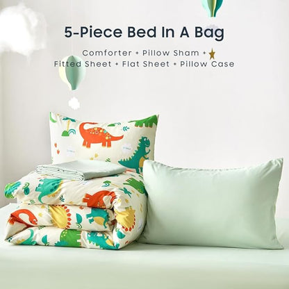 Wake In Cloud - Dinosaur Bedding Set for Boys, Cute Colorful Dinosaur Comforter Set with Sheets, 5 Pieces Kids Bed in a Bag, Cream Green, Twin Size