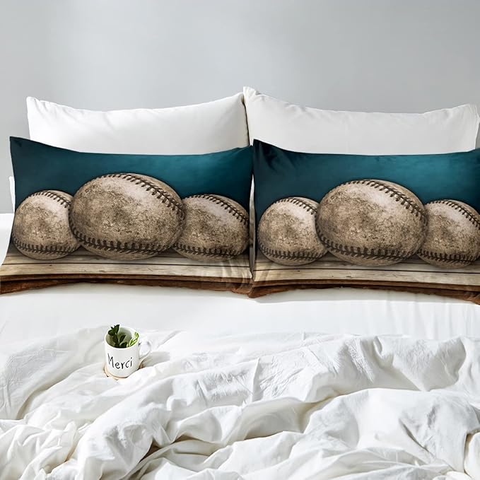 Erosebridal Teens Baseball Comforter Set Full,Kids Retro Grunge Baseball Bedding Set for Boys Bedroom,Sports Games Bedding Comforter Set Teal Vintage Wooden Board Quilt Duvet Sets 2 Pillow Cases